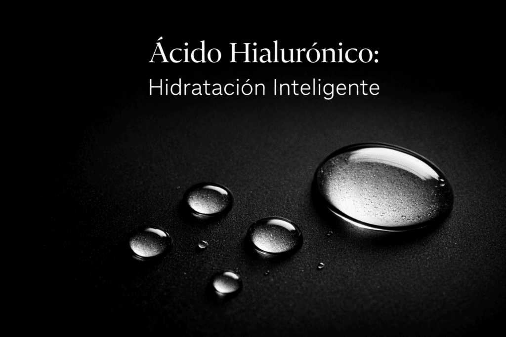 Gotas de ácido hialurónico sobre fondo negro representando hidratación profunda y rejuvenecimiento facial en Rivas